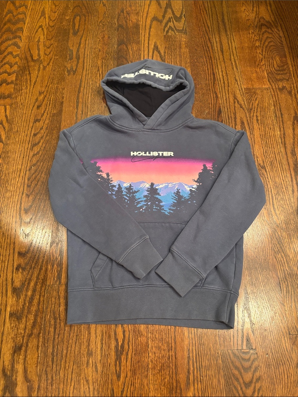 Hollister Men's Gray Hoodie with Pink and Blue Sunset Graphic